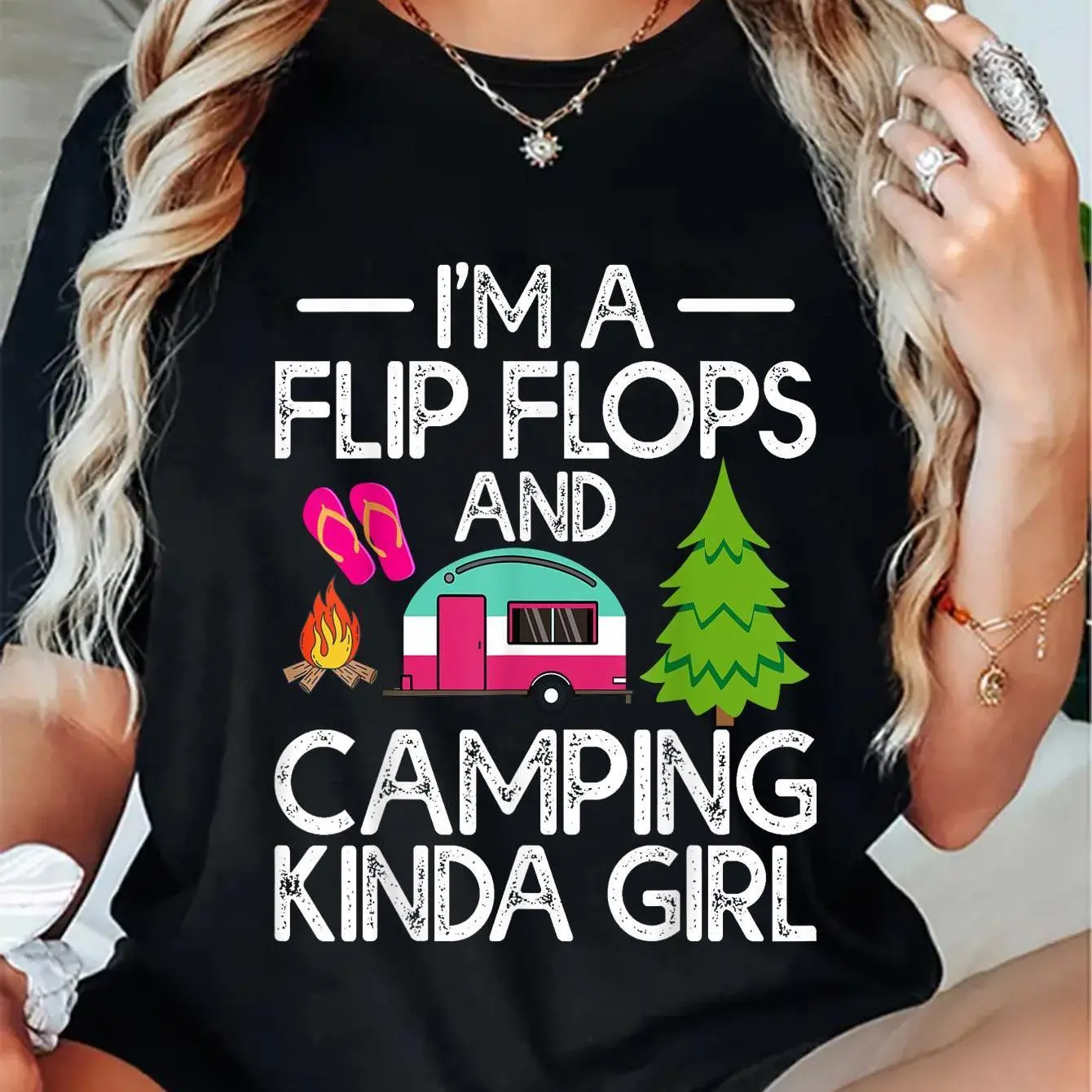 Women's 100% Cotton Vintage Short Sleeve Graphic Round Neck Streetwear T-Shirt - Whimsical Funny Slogan RV Camper "I'm A Flip Flops And Camping Kinda Girl" Distressed All Seasons Casual Top, Everyday, Tshirt