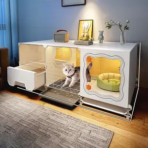 Compact Indoor Cat Cage, Small Space Saving Pet House, One-Room-One-Bathroom Design, Integrated Cat Bed and Litter Box, Home Use, Litter Tray