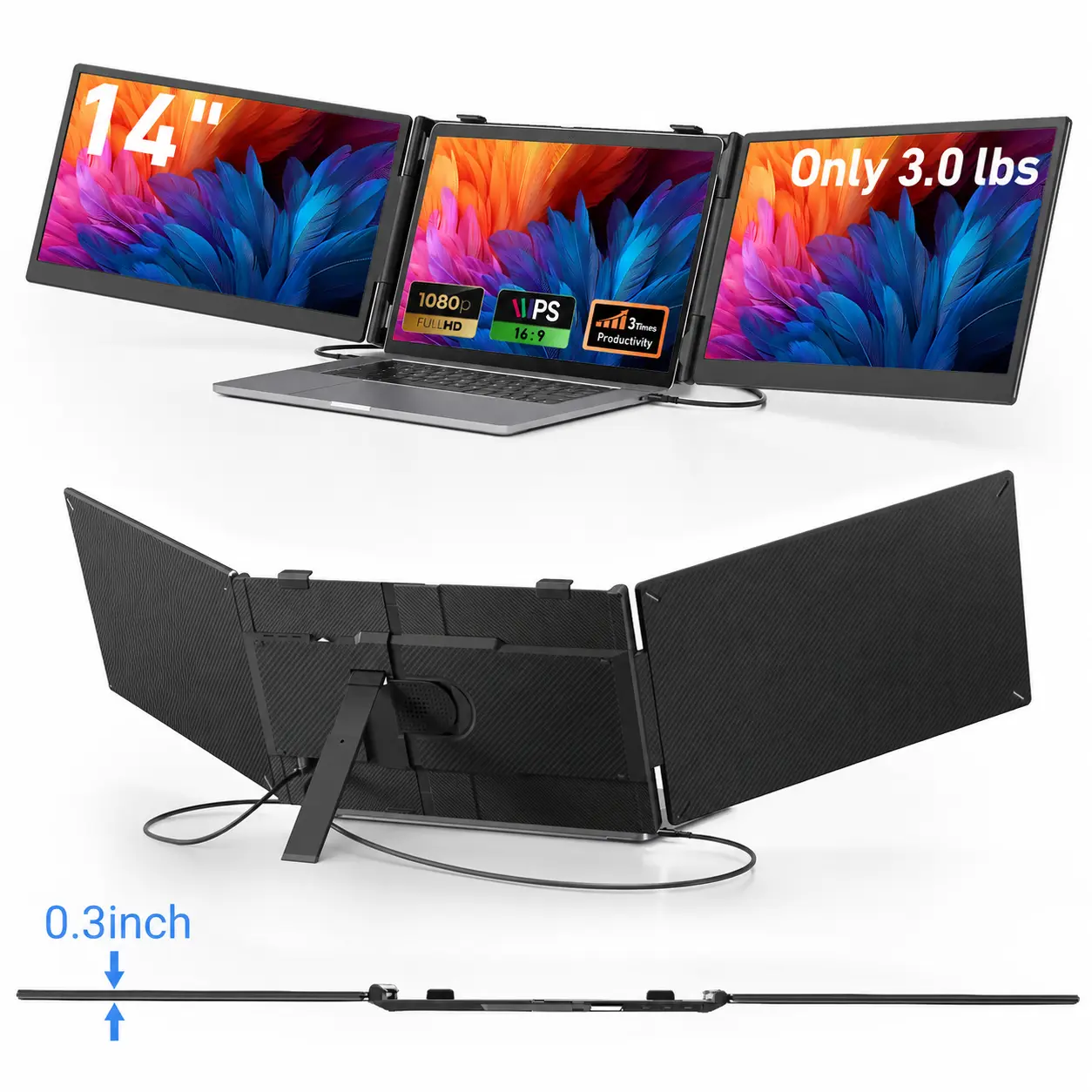 Cevaton 14" Laptop Screen Extender, Ultra-Slim 3.0 lbs Portable Monitor for Laptop, Dual Monitor Extender for 13.3"-17.3" Laptops, Rear Ports for Less Cable Mess, 1080P FHD Dual Screen, Monitor Only, Dual Video Output Required