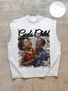 Men's Casual Vest, Background Watercolor Print, Graphic, Laughing Child Design, Letter Religious Slogan, Regular Fit, Versatile Fashion, Aesthetic