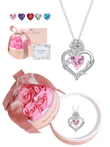 Rose Heart CZ Birthstone Necklace With Pink Rose Basket Jewelry Gift Box, Rose Flower Heart Necklace for Women, Valentine's Day Mother's Day Trendy Jewelry Gift for Wife Girlfriend Mom, Love Heart Necklace