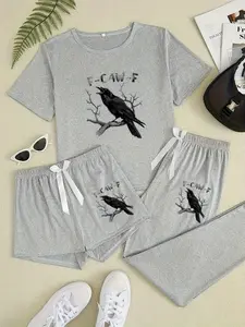 Women's 3-Piece Sleepwear Loungewear Set, Raven Animal Print Pajamas, Casual Fitted Knitted Style, All-Season Comfortable Nightwear, Moderate Fabric Thickness, Lounge Pajama Pants