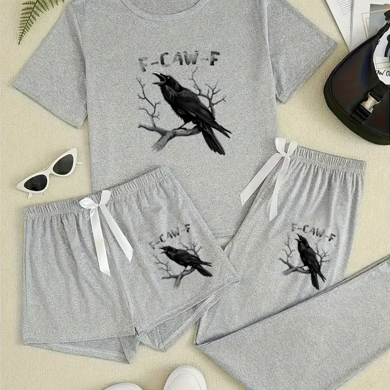 Women's 3-Piece Sleepwear Loungewear Set, All Seasons Loungewear, Raven Animal Print Pajamas, Casual Fitted Knitted Style, All-Season Comfortable Nightwear, Moderate Fabric Thickness, Lounge Pajama Pants, Lounge Sets