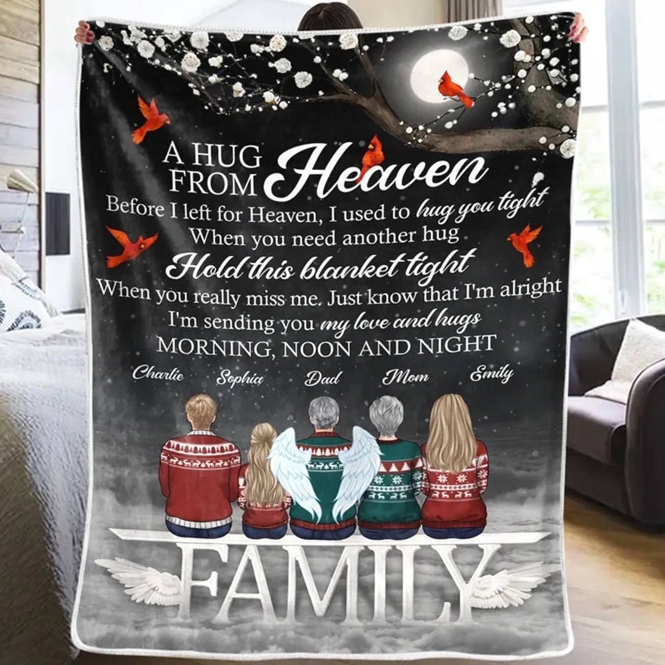 A Hug From Heaven - Memorial Personalized Custom Flannel Blanket - Christmas Gift, Sympathy Gift For Family Members