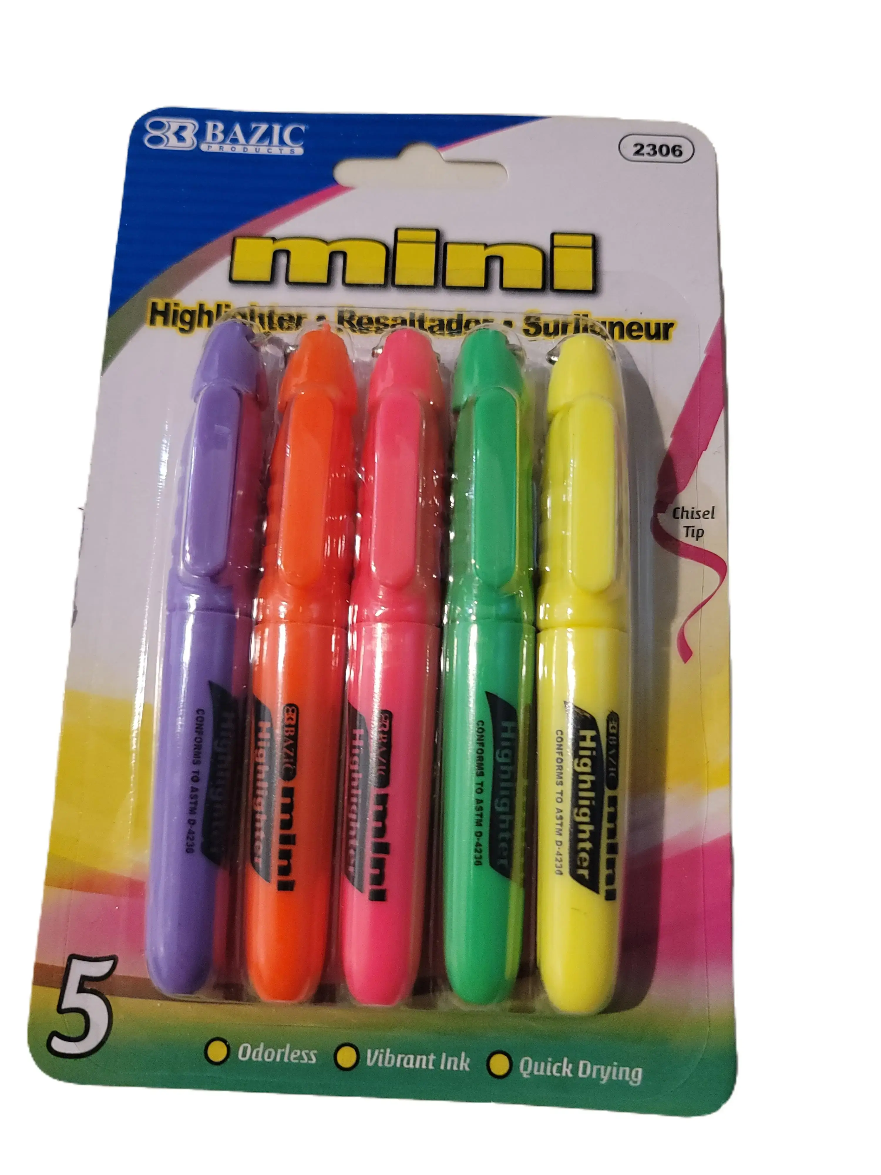 Bazic Mini Highlighter, 5-Piece Pack, Office Stationery, School Educational Supplies