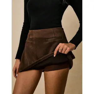 Poéselle Women's Skirts Suede Fabric Pants Lining Women's Culottes Brown Skirt Women's Bottoms Women's Solid Color Suedette Faux Pocket Stylish Mini Skirt Women's Skirts Women's Shorts BOHO Fall Clothes For Women Winter Clothes For Women Fall Outfits For