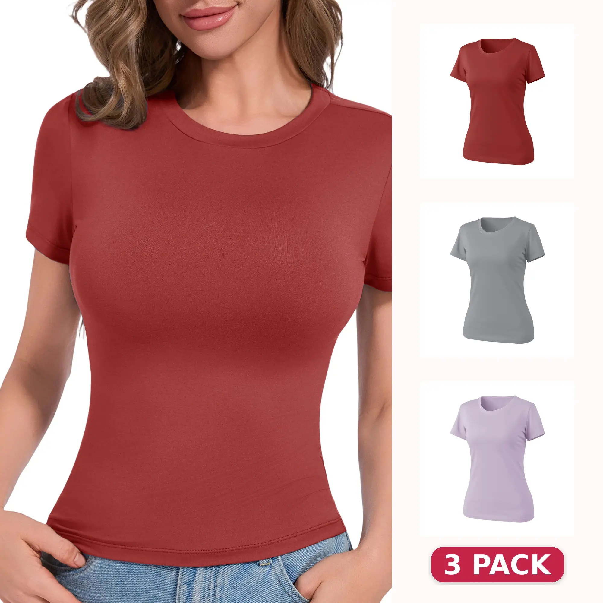 SHOWITTY Women's Short Sleeve T-Shirts, 3 Pack - Classic Round Neck, Sleek Slim Fit, Solid Color, Comfortable Cut, Casual Daily Wear Tops