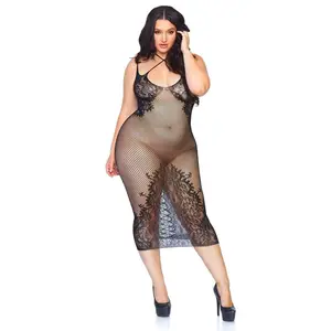 Leg Avenue Seamless Net and Lace Dual Strap Halter Dress with Faux Lace Up Back