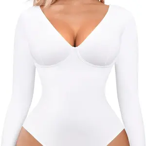 FeelinGirl Long Sleeve V Neck Tummy Control Thong Tops Bodysuit Comfortable Fit Womenswear #Summervibes