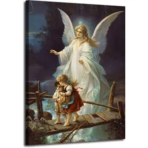 Wall Art Guardian Angel Protecting Children on Bridge Canvas Art Wall Decor Vintage Religious Picture Posters Print Painting for Bedroom Decoration Poster with  Ready to Hang(12x18in)