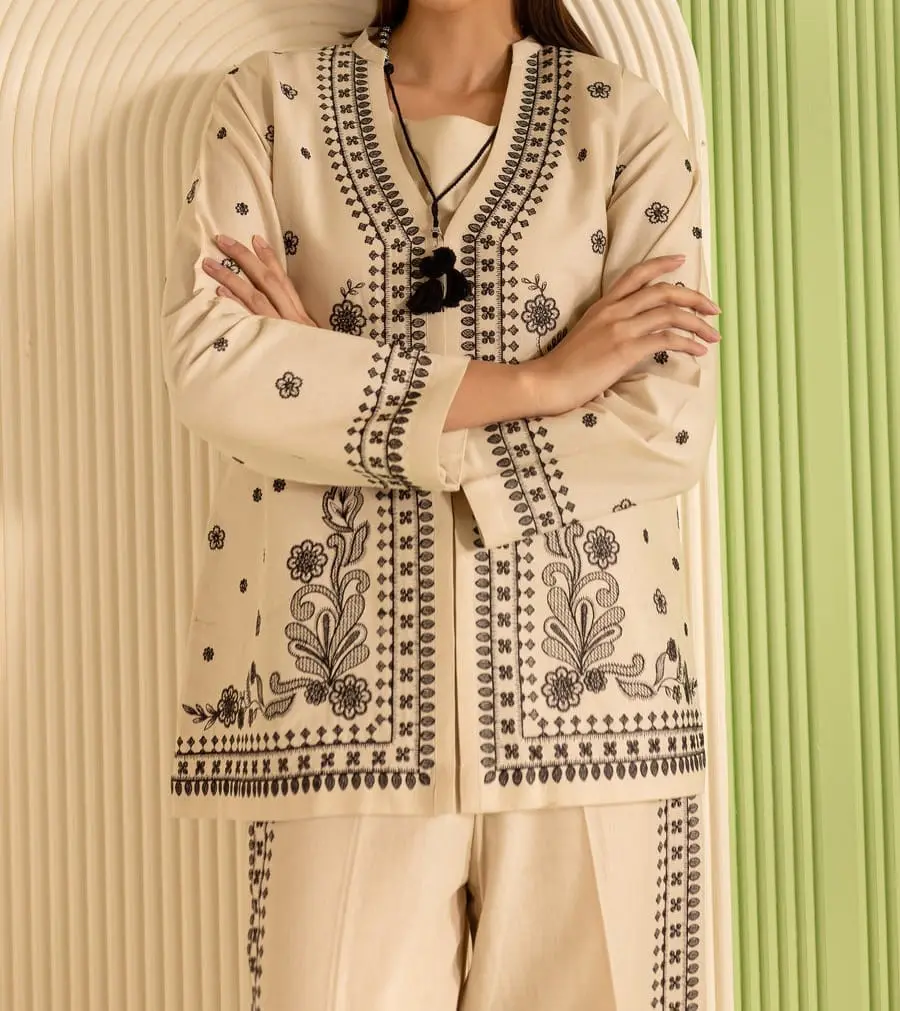 Women's Elegant Fitted Batik Greek 3-Pc Embroidered Khaddar Clothes Set - Ivory Fabric Style, Includes Shirt, Tank Top, Top, Pants, with Embroidery Detailing