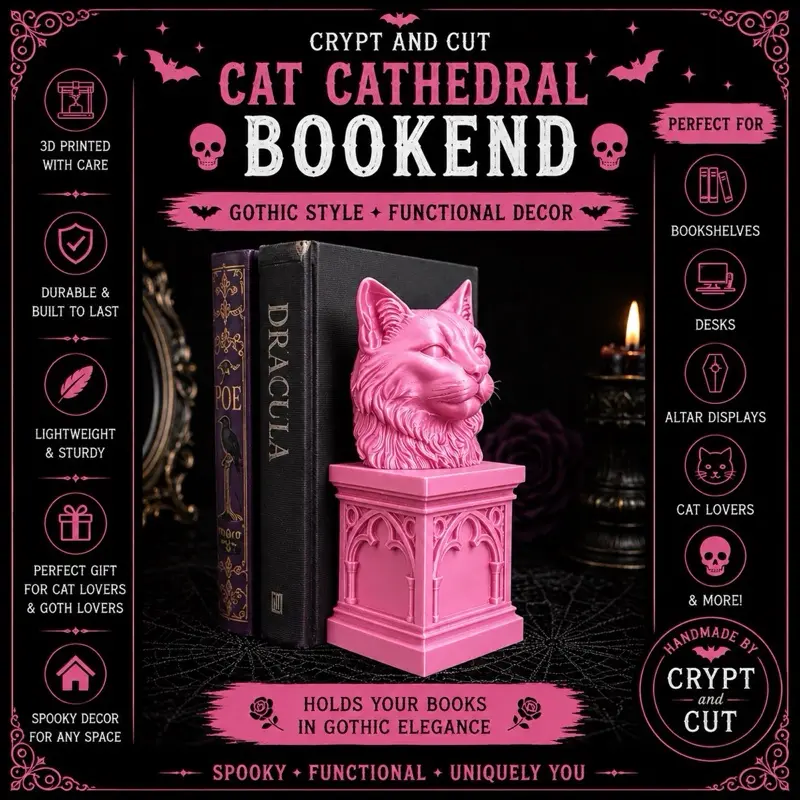 3D Printed Gothic Cat Cathedral Bookend | Dark Academia Shelf Decor