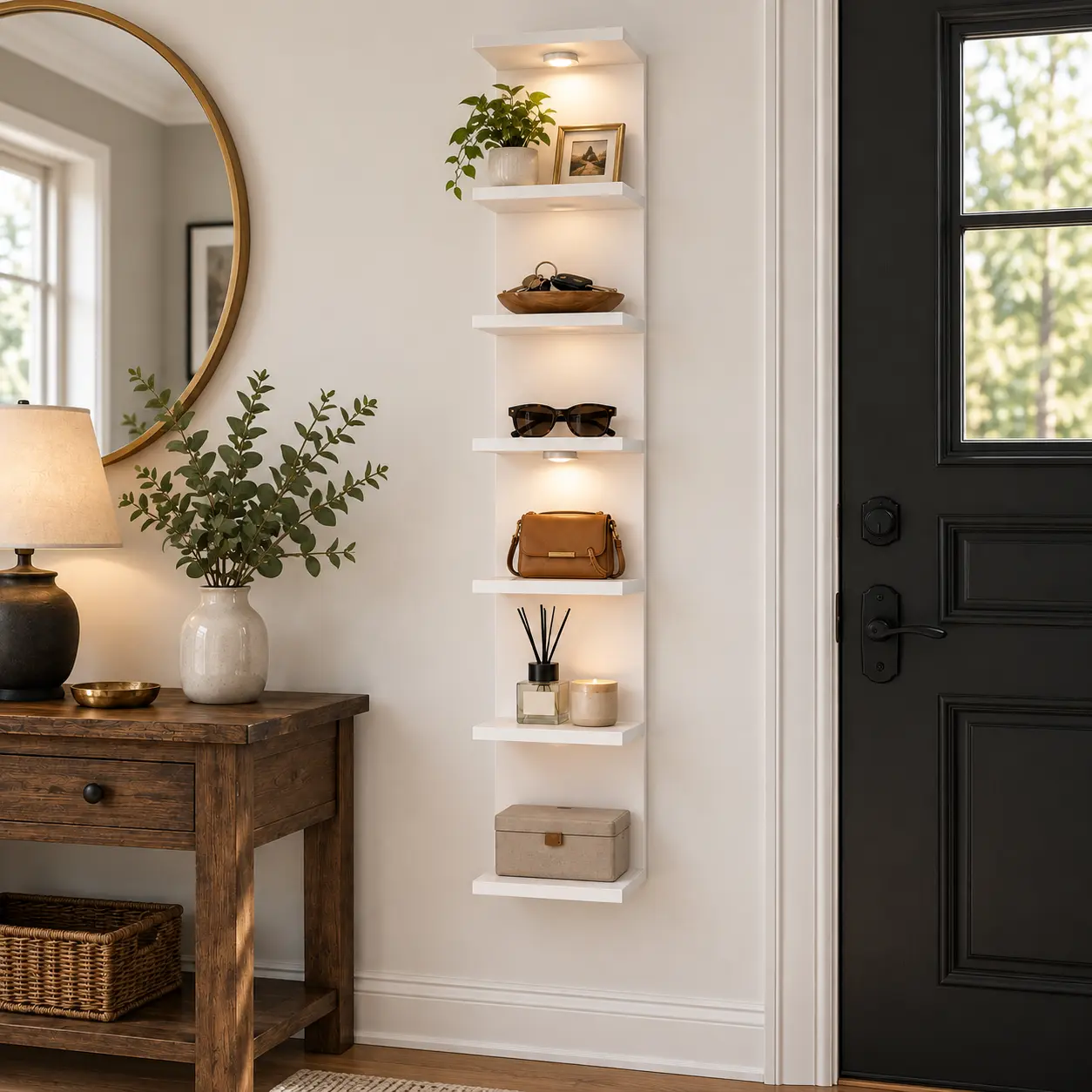3-Tier / 7-Tier Vertical Wall Shelf with LED Lights, Wall Mounted Floating Shelves and Space-Saving Storage Display Organizer for Living Room, Bedroom, Entryway, Home Office & Small Spaces, Black or White