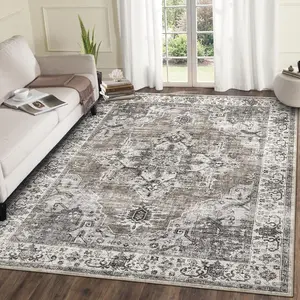 Vintage Washable Brown Runner Rug - Non-Slip Non-Shedding Bathroom Floor Cover, Low Pile Medallion Accent Carpet, Indoor Foldable Floral Print Bedside Mat for Laundry Room Entryway