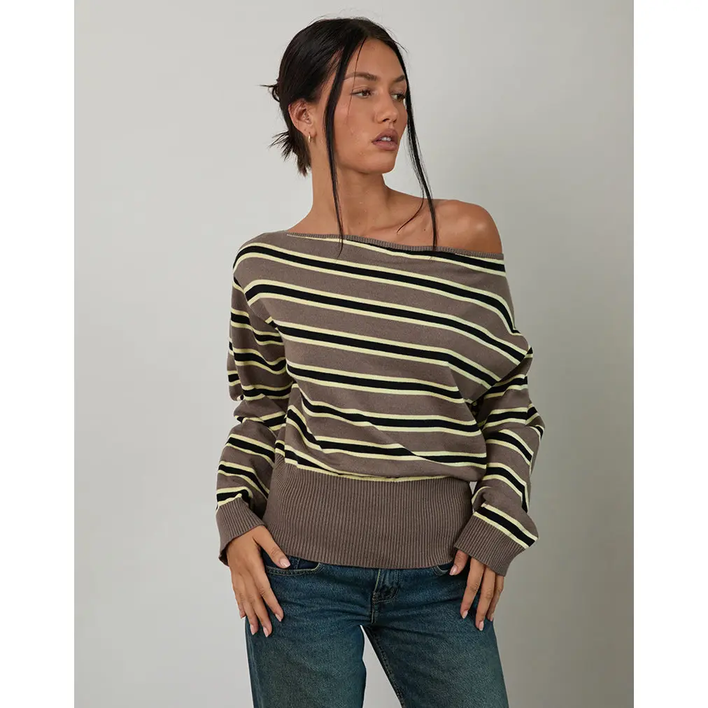 Jalira Asymmetric Cinch Jumper in Stripe Brown and Yellow