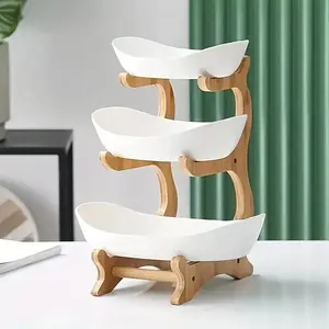 3-Tier Oval Fruit Basket with Bamboo Stand, Durable Polypropylene Kitchen Storage Rack, Natural Bamboo Finish, Modern Fruit Basket for Kitchen and Party