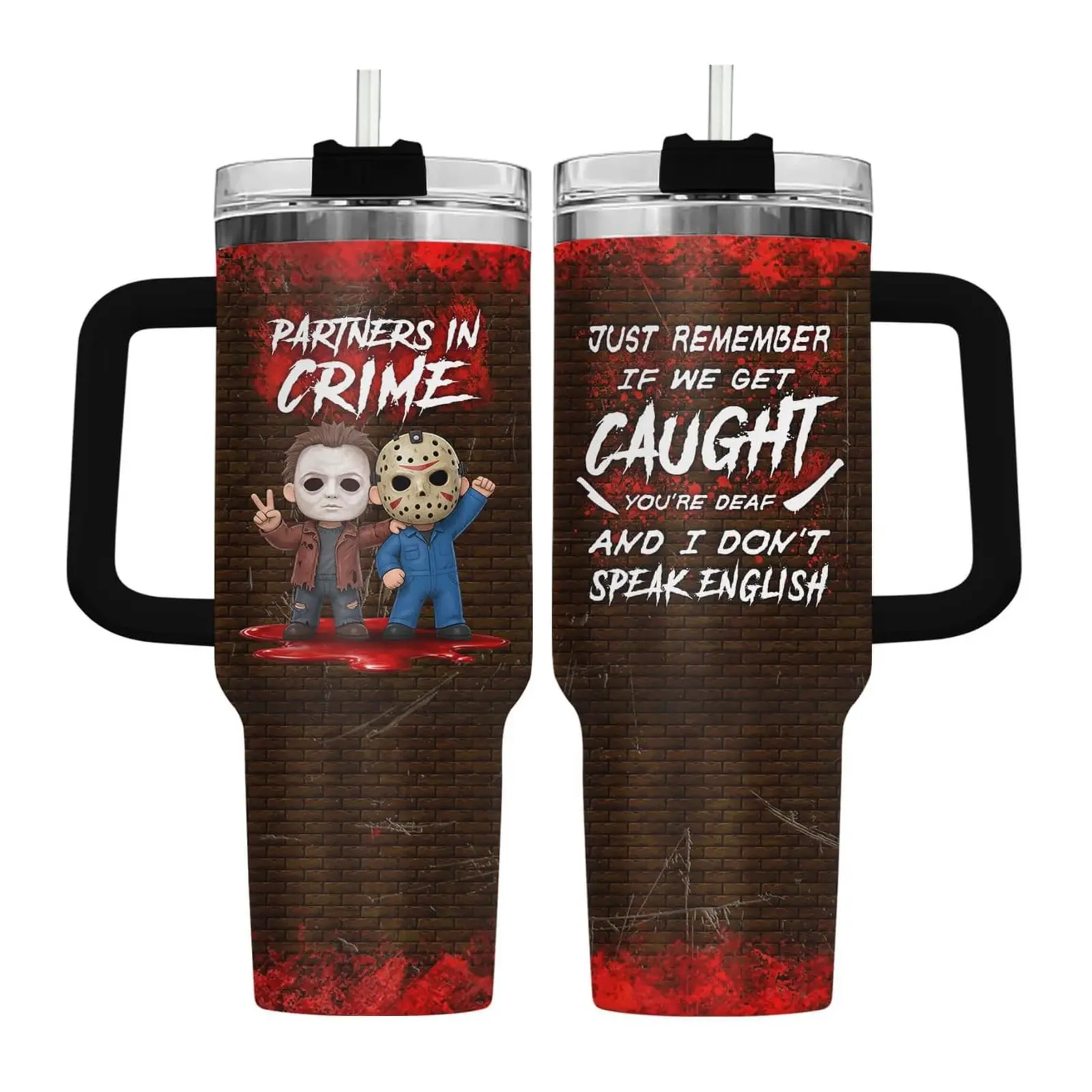 Horror #Killers Partners in Crime 40oz & 20oz Tumbler with Handle, Halloween Gift for Horror Fans, Dark Art Gothic Tumbler, Scary Creepy Eerie Macabre Design, BFF Best Friend Gift, Insulated Travel Cup with Straw