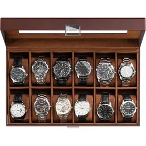 12 Slot Watch Box Organizer with Glass Lid, PU Leather Watch Display Storage Case, Watch Collection Holder, Anniversary Birthday Valentine Gift for Men Women