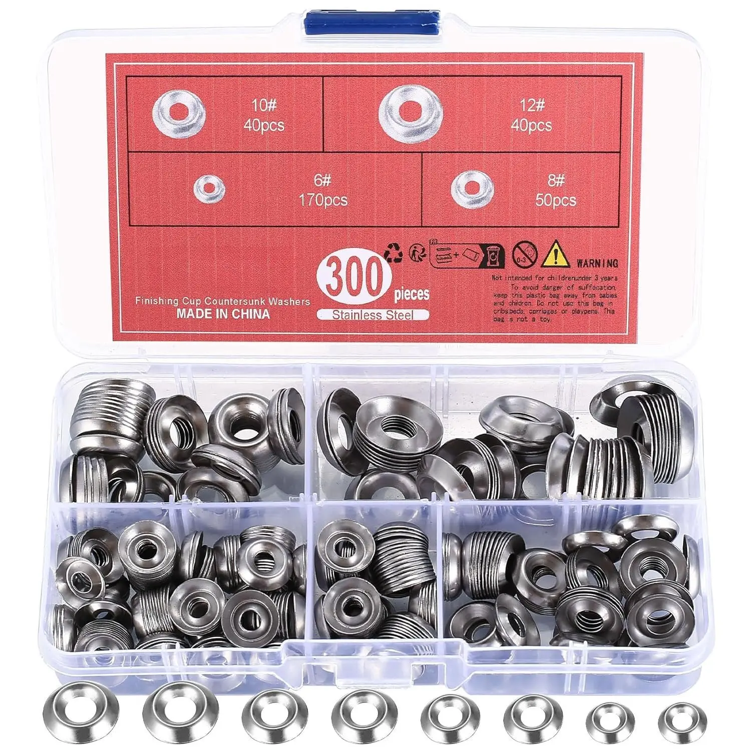 300 count Finish Washers,Finishing Washers, Countersunk Washers, #6#8#10#12 Stainless Steel Cup Countersunk Finish Washers Set, Finishing Cup Countersunk Washer Assortment Kit