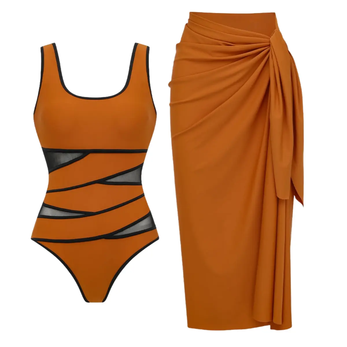 FLAXMAKER Women's Brown Patchwork Cut Out One Piece Swimsuit and Matching Cover Sarong Set Swimdress #SwimWeek summerwins summer suit