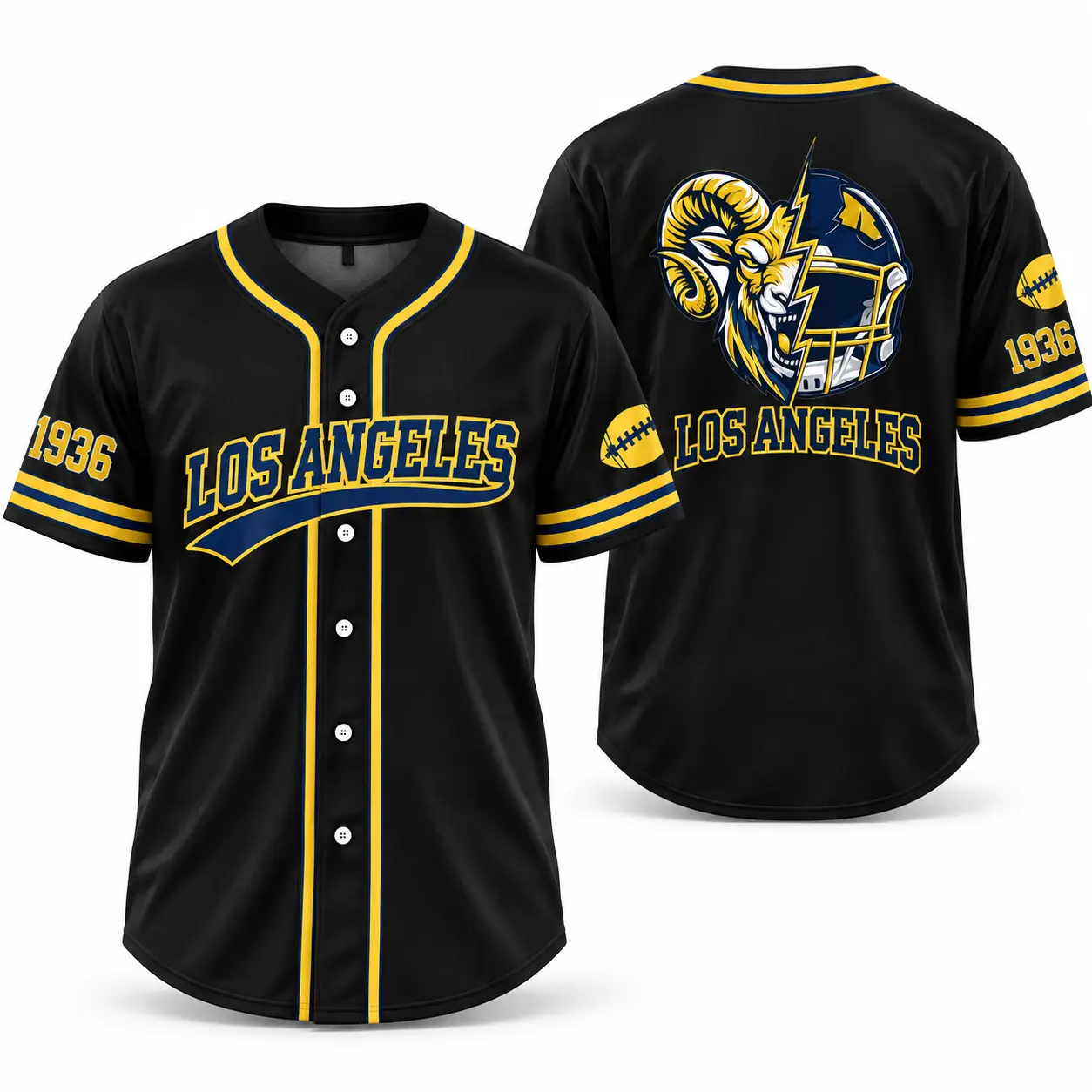 Blue Gold Ram Game Day Baseball Jersey, Horned Mascot Football Inspired Button Down Shirt, 1936 Retro Sports Jersey, Black Athletic Streetwear, Unisex Fan Style Top