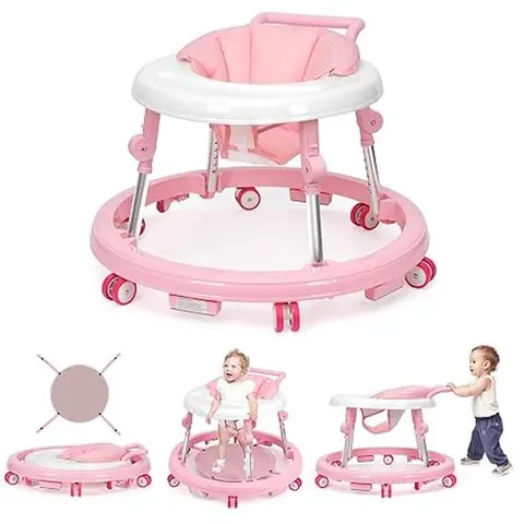 Unisex Foldable Baby Walker & Activity Center - 9 Adjustable Heights, Portable Anti-Rollover, Silent Wheels, PP & Aluminum Construction, Washable Seat Pad, Tray for Snacks - Baby Furniture for 7-18 Months Toddlers, Quiet Floor Glide,blackfriday,gift