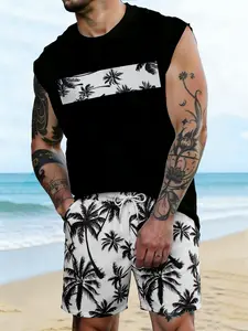 Men's 2-Piece Set Coconut Tree Tropical Pattern Printed Round Neck Sleeveless Vest Casual Comfortable Top + Random Beach Shorts, Summer Outdoor Vacation Wear Menswear