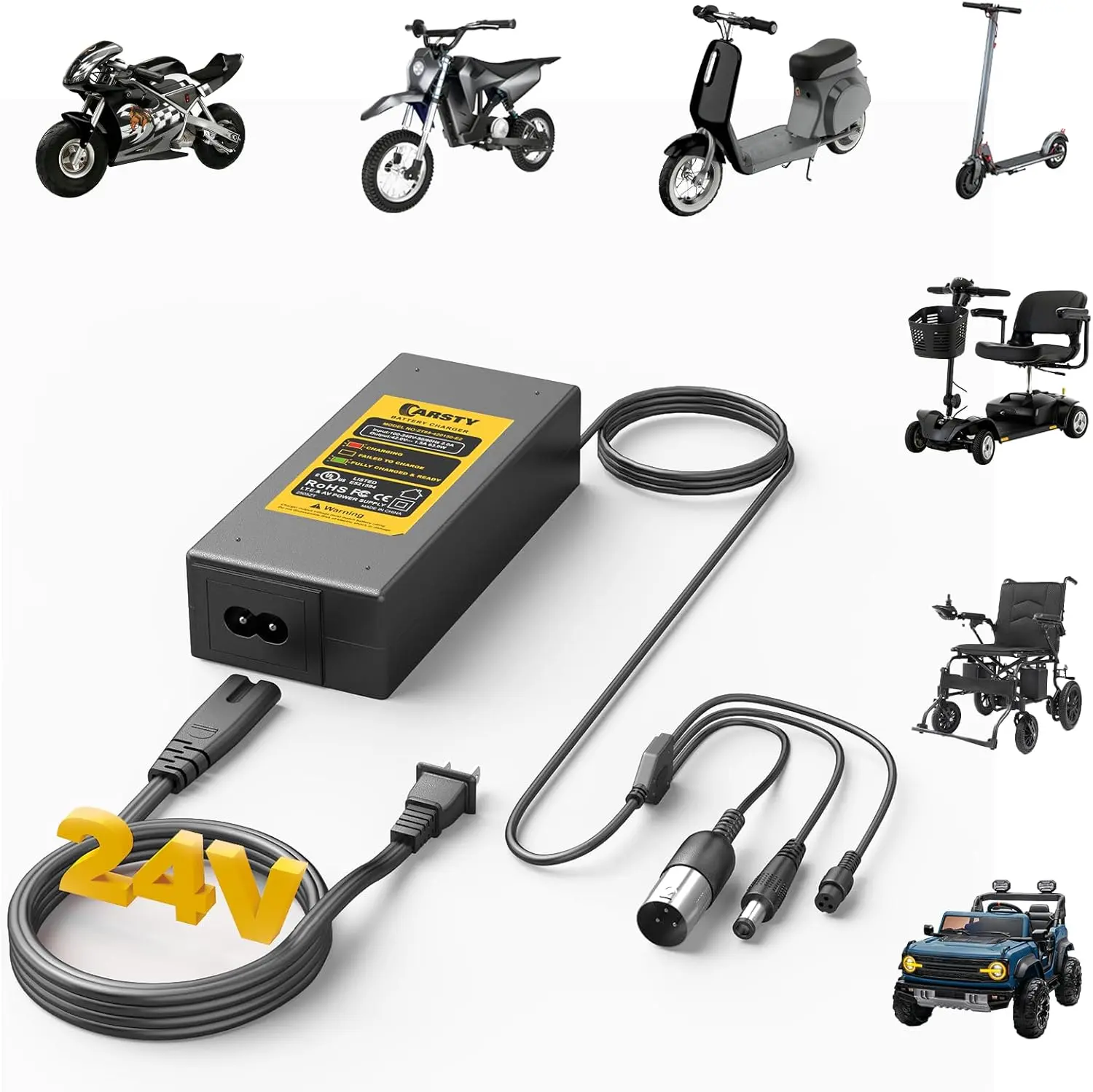 Carsty Hoverboard Charger 29.4V for Electric Scooter & Wheelchair | UL Certified Universal 3-in-1 fast charger for 29.4V devices. Compatible with hoverboards, scooters, wheelchairs.