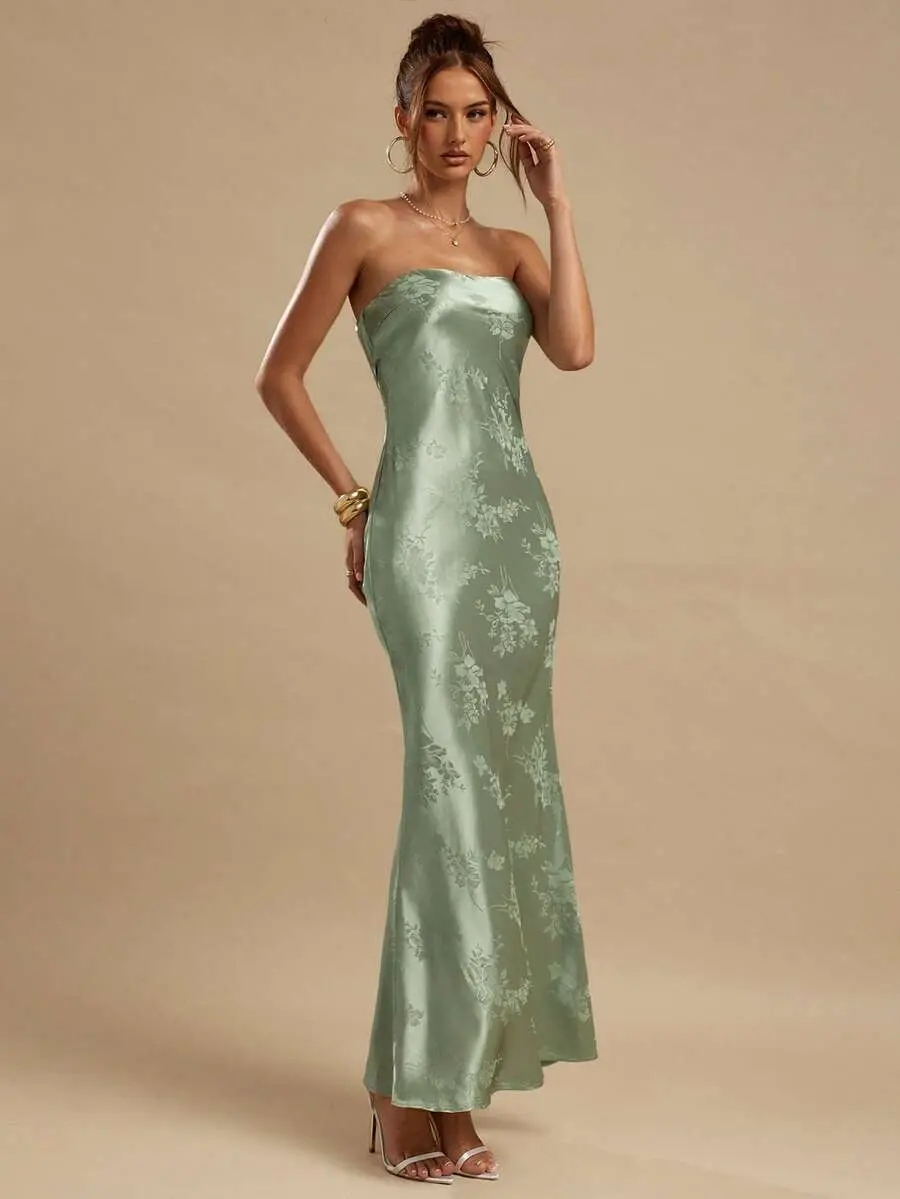 JADEE Solid Color Sage Green Pistachio Elegant Backless Tube Mermaid Satin Jacquard Dress Cocktail Party Bridesmaid Valentine Dress