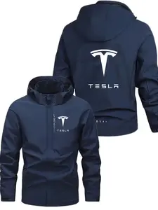 Men's & Women's Fashion Jacket with Tesla Letter Print, Zipper Pockets, Casual Hooded Design, Polyester, Spring & Fall, Unisex Pullover