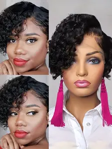 13x1 T Part Transparent Lace Wig Curly Wave Deep Wave Wig Pixie Cut Human Hair Wig for Women Halloween Wig 150% Density 6 Inch Curly Bob Wigs