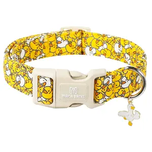 Maca Bates Yellow Duck Print Dog Collar with Cute Charm, Adjustable & Durable Puppy Accessory for Girl Boy Small, Medium & Large Dogs