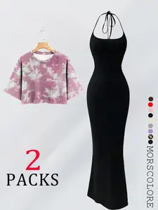 Women's Tie Dye Print Dress, Boho Fashion Dress, Bohemian Casual Dress, Fashion Casual Tie Shoulder Cami Dress & Short Sleeve Crop Tee, Ladies for Daily Wear, Casual Chic Fitted, Boho Style Womenswear