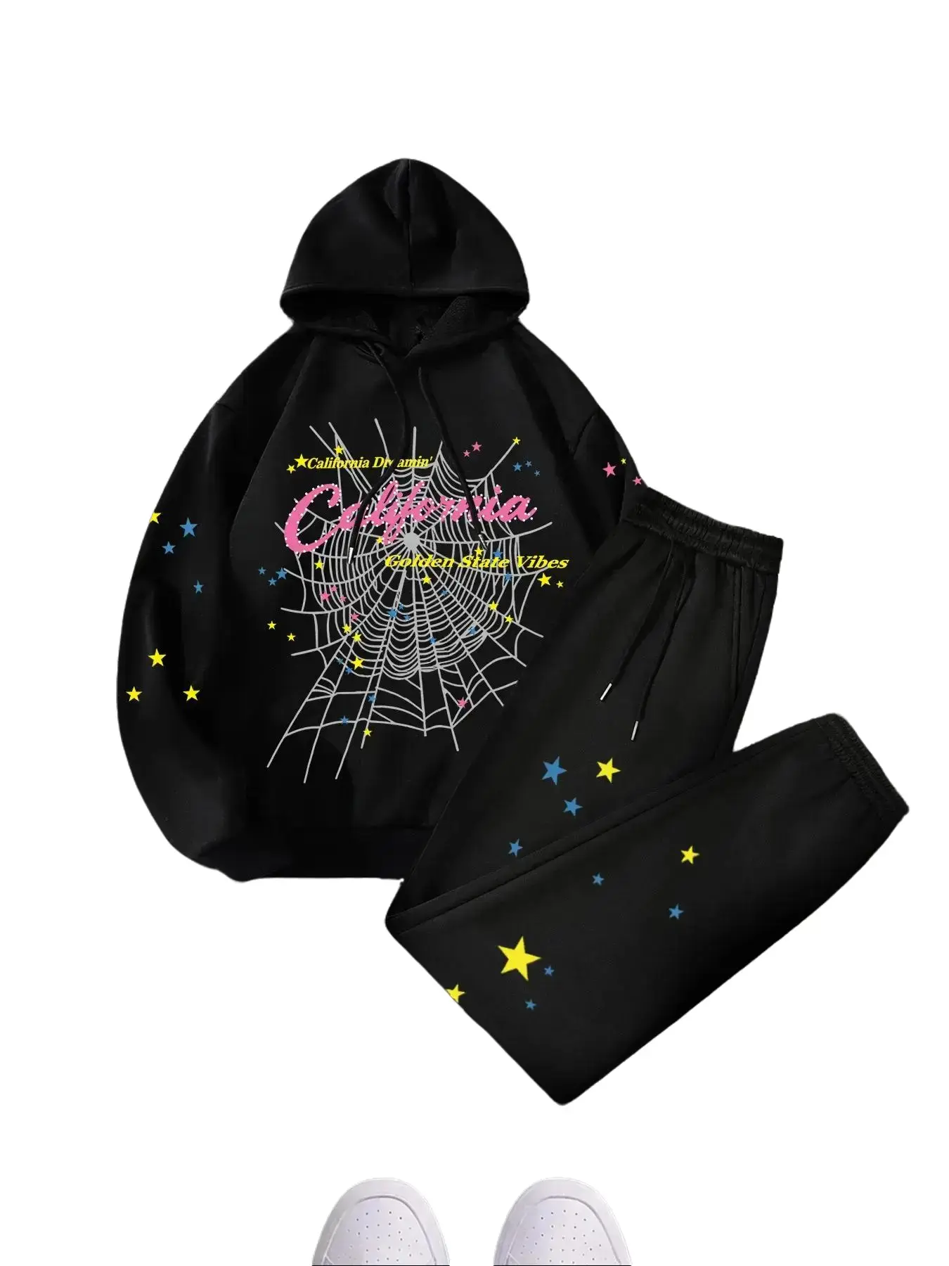 Spider Web Star Print Hoodie Set, 2-Piece Oversized Sweatshirt & Jogger Pants Set, Graphic Streetwear Tracksuit, Loose Fit Casual Outfit, Y2K Unisex Loungewear, Trendy Matching Set