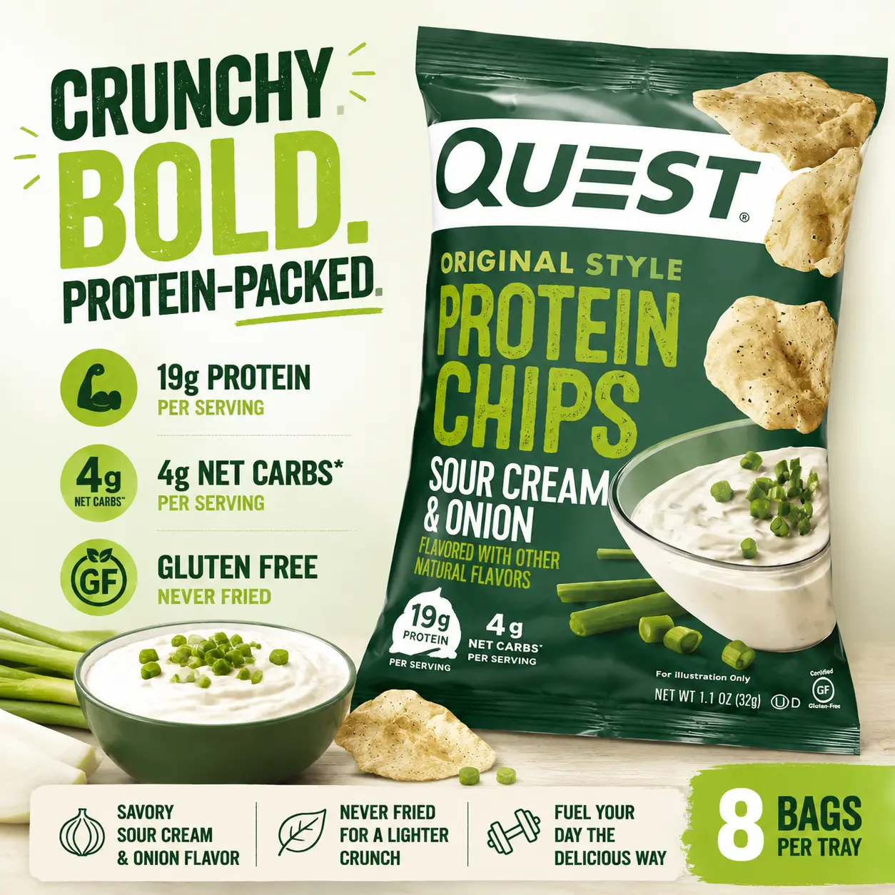 Quest Protein Chips Sour Cream & Onion 1.1 oz 8 Count  High Protein Tortilla Style Chips | Savory Creamy Snack for Active Lifestyles