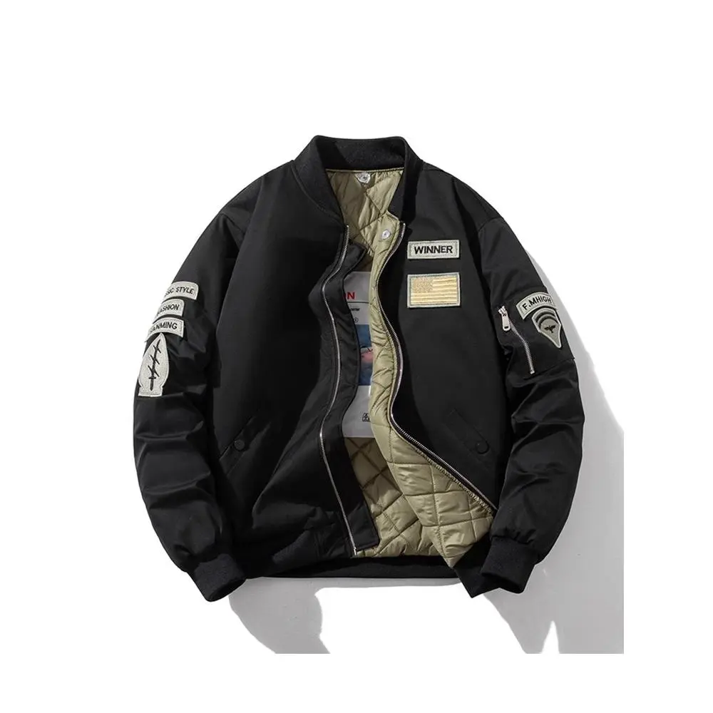 Men's Vintage Military Bomber Jacket - Thick Hooded Winter Coat with Zipper Front, Badges, Casual Long Sleeves, Thick Fabric, Size M