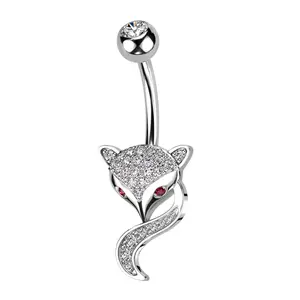 Diamond Fox Belly Ring - Surgical Steel 14 Gauge Hypoallergenic Bar Length 10mm Body Jewelry