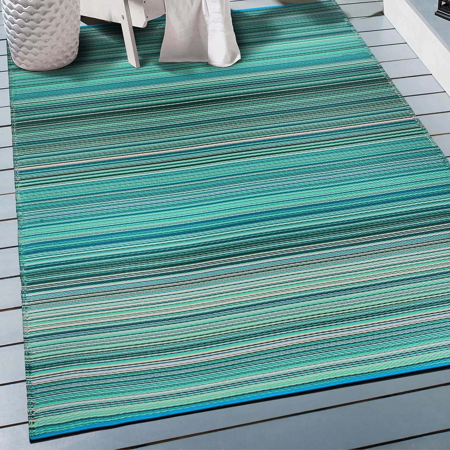 Premium Recycled Plastic Outdoor Rug - Contemporary Stripe Pattern, Reversible, Crease-Free, Waterproof, Rectangle 3'x5' Blue - for Patio Deck, Camping, Gift (Home Supplies)