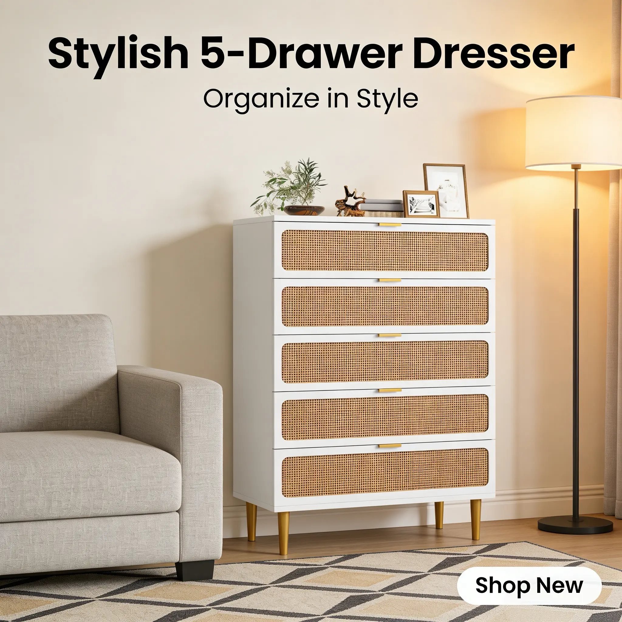 LH-MDF Storage Cabinet Anti-tipping Device Modern Natural Wood Rattan Dresser w/ 5 Deep Drawers Space Saving for Bedroom Living Room Entryway Multiple Styles
