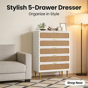 LH-MDF Storage Cabinet Anti-tipping Device Modern Natural Wood Rattan Dresser w/ 5 Deep Drawers Space Saving for Bedroom Living Room Entryway Multiple Styles
