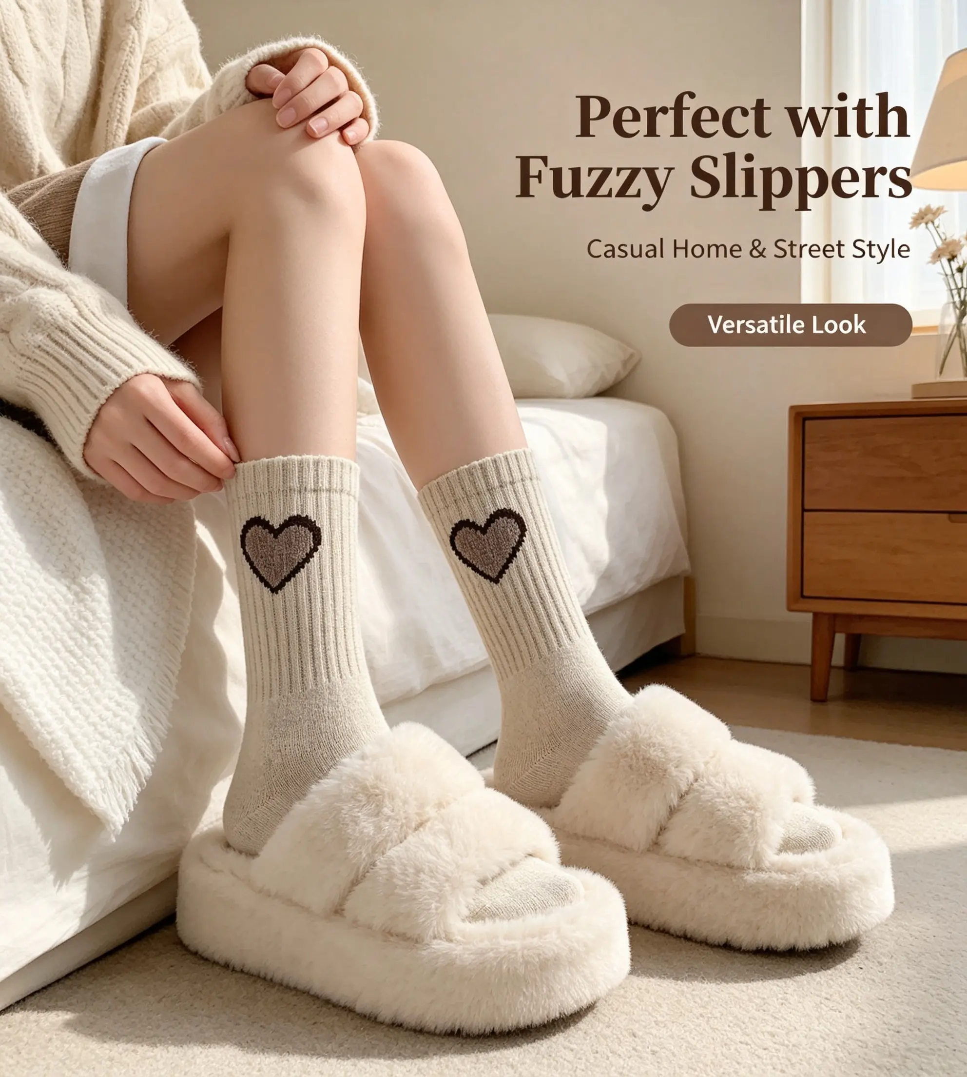 Women Ribbed Crew Socks, Contrast Heart Print Casual Soft Socks for Daily Wear, Multi‑Pairs Set