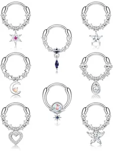 Delicate 8 Pcs Silvery Dazzling Piercing Nose Rings 16G Dangle Copper Septum Rings for Women Men Shining CZ Septum Nose Rings Blue Planet Dangle Septum Jewelry Cute Moon Star Heart Septum Clicker Ring Dangle Rook Daith Cartilage Helix Piercing Jewelry Set