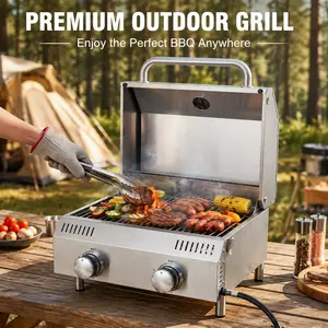 BESTFIRE 20K BTU Portable Tabletop Gas Grill – 2 Burners, Stainless Steel Propane BBQ with 4 Detachable Legs, Perfect for Camping, Tailgating, Backyard BBQs & Modern Outdoor Kitchens