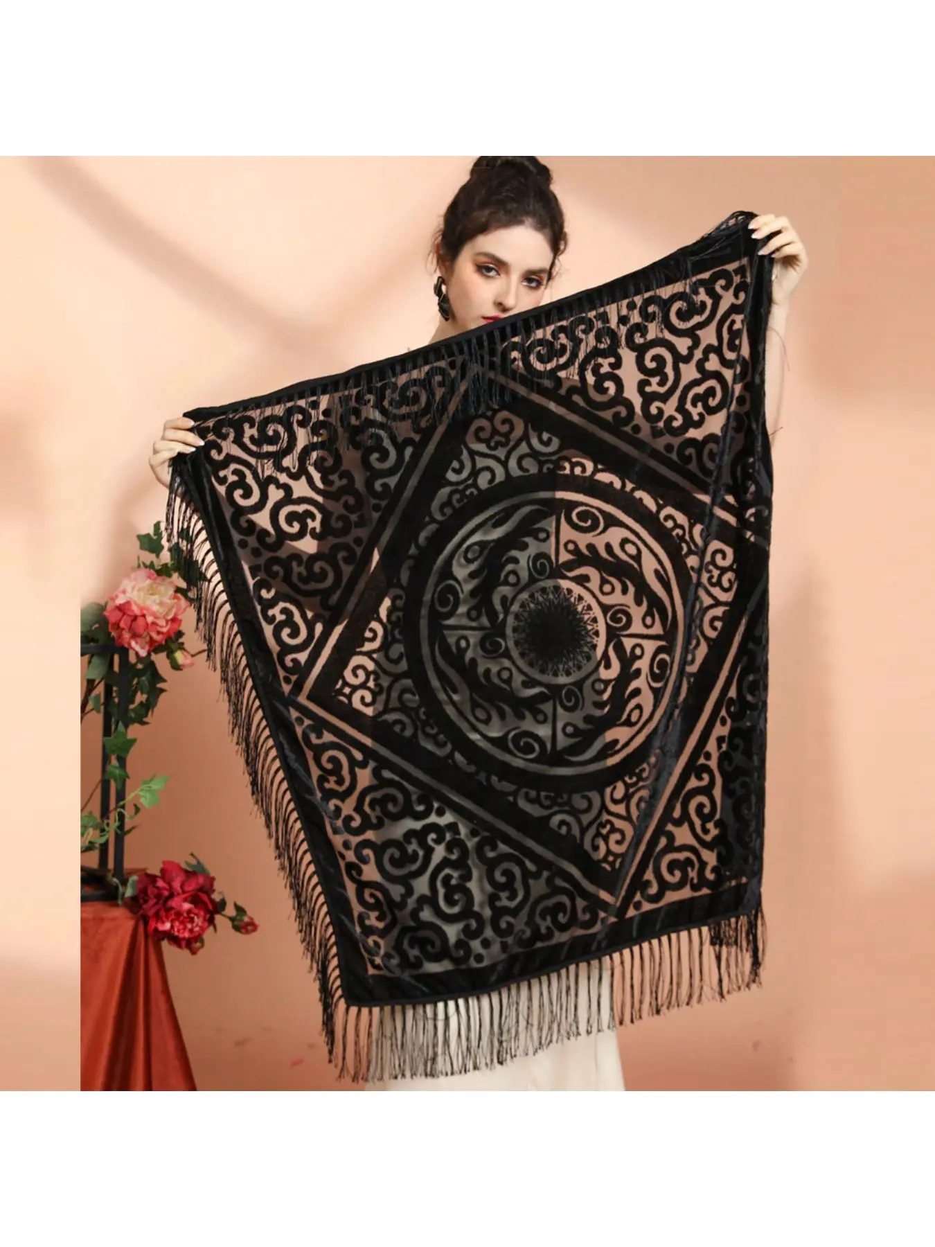 New Retro Ethnic Style Velvet Jacquard Fringe Square Scarf Shawl Outerwear Warm Cheongsam Cape