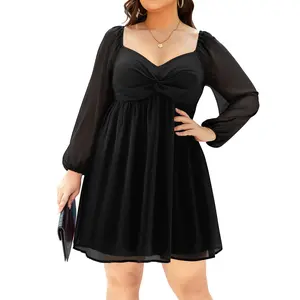 Pinup Fashion Plus Size Women's Sweetheart Neckline Dress Puff Long Sleeve Chiffon A Line Short Dresses  SwimWeek  summervibes