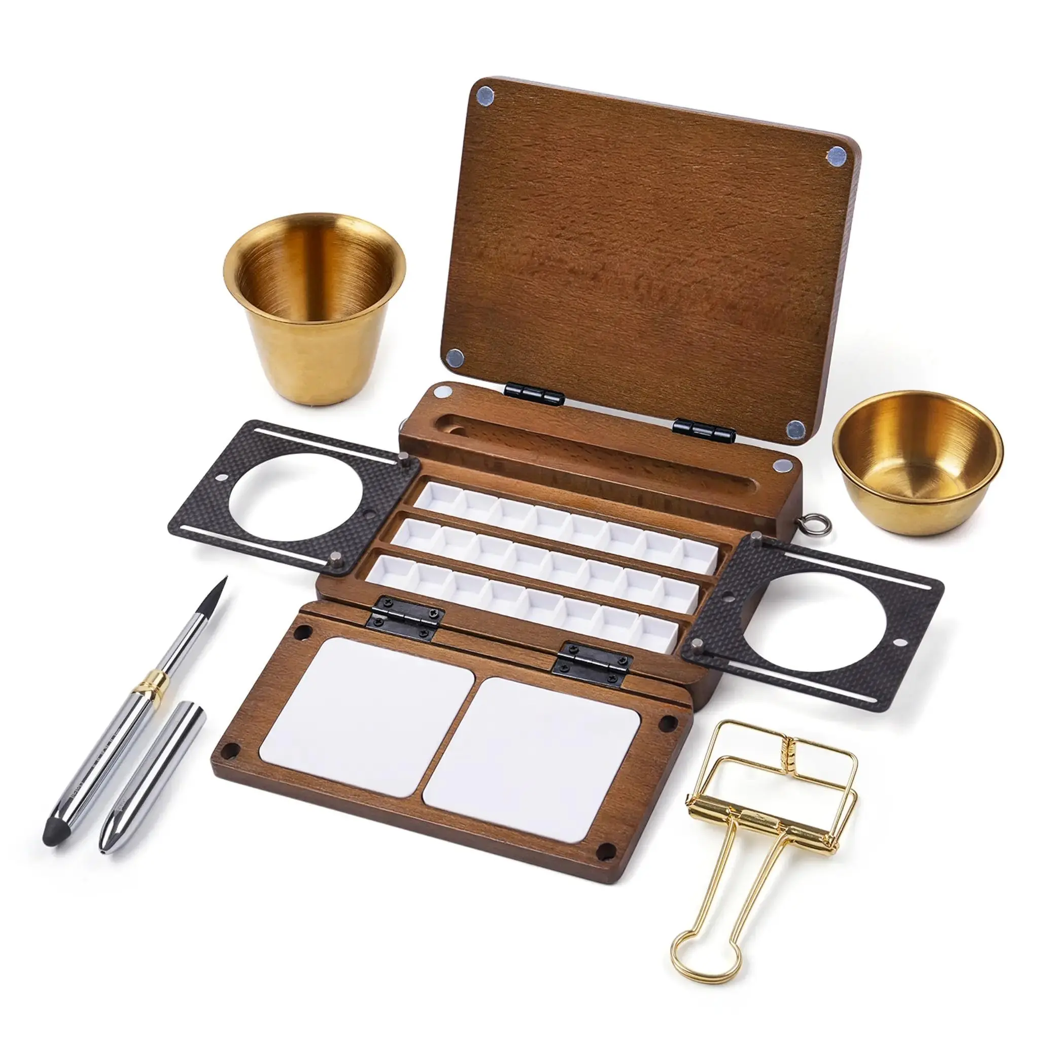 Fuumuui Portable 24-Well Watercolor Palette Set - Art Craft Supplies with 24 Standard Half-Pan Wells, 683.5g Wooden Body, Dual-Ended Brush, Brush Cup Holders, Travel Straps, Hand-Poured Paints, Metal Clip, Mixing Areas for Outdoor Painting