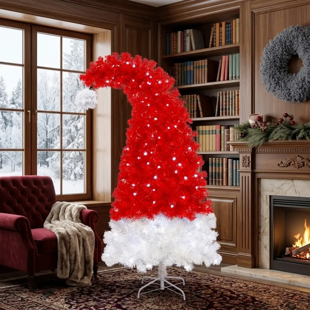 Littleox 6FT Artificial Christmas Tree with LED Light, Santa's Hat Shape Artificial Whimsical Xmas Tree with 1050 Tip, Curved Xmax Tree