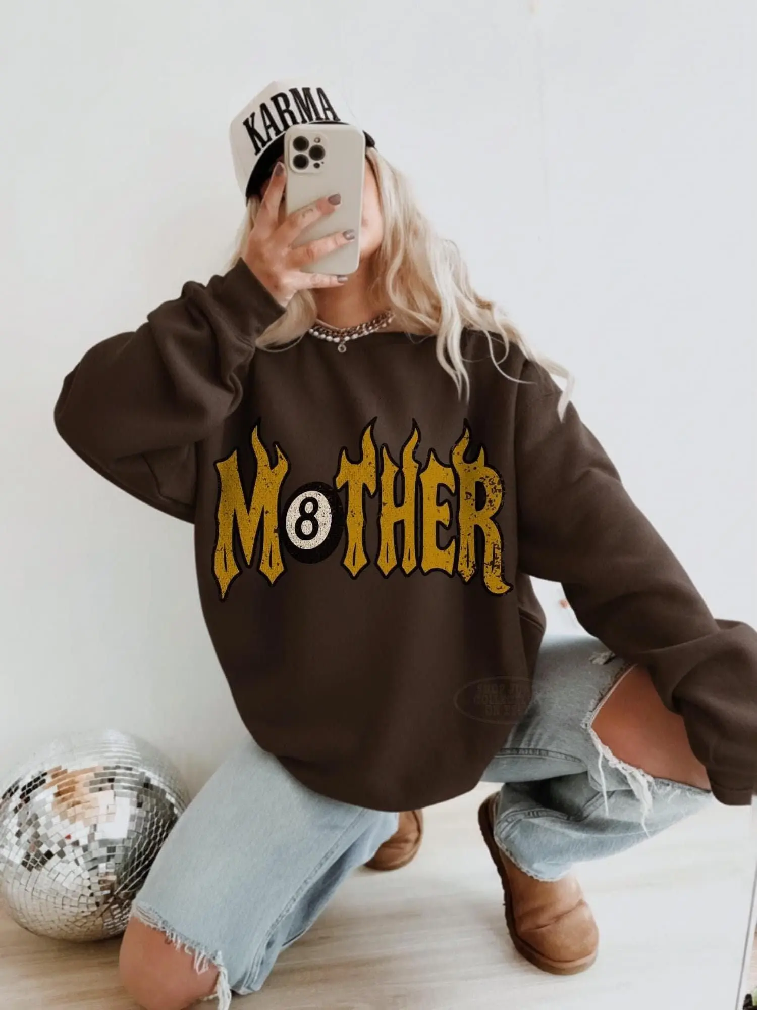 Mother Sweatshirt Trendy 8 Ball Mother Lucky Mama Shirt Vintage Flames Rad Mom Birthday Gift Moto Edgy Crewneck Grunge Aesthetic Streetwear