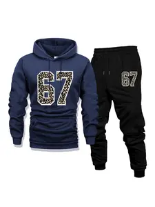 Men's autumn and winter casual suit: hooded fleece-lined sweater and sweatpants, 67 sixseven, fashionable printed, holiday gift, comfortable fleece-lined two-piece set (sweater and trousers)