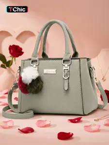 Women's Top Handle Purse with Pompom, Elegant Bags, Stylish Versatile Bag, Vegan Leather Shoulder Crossbody Bag, Medium-Size Tote Handbag